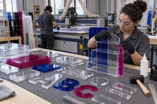 Imagem ilustrativa de montagem de display em acrílico junto a equipamento de corte