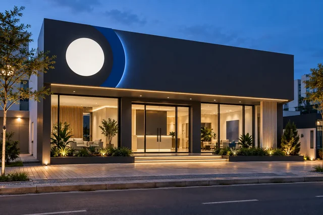 Imagem ilustrativa de fachada comercial com contraste, hierarquia e iluminação bem definidos