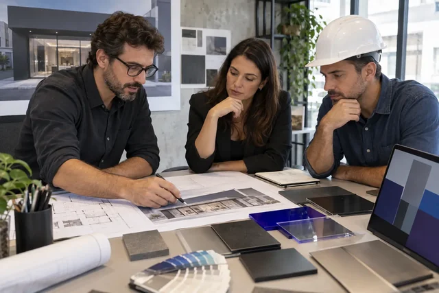 Imagem ilustrativa de arquiteta, engenheiro e profissional de criação avaliando um projeto