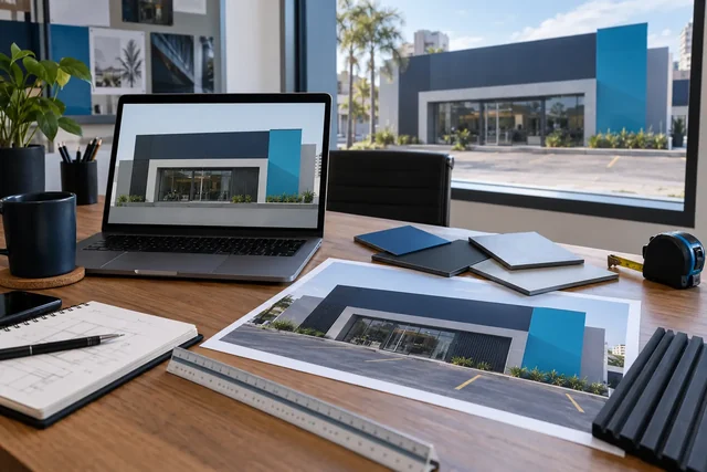 Projeto de fachada no computador comparado com amostras e o imóvel real