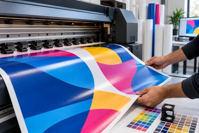 Impressora de grande formato produzindo adesivo colorido com conferência técnica
