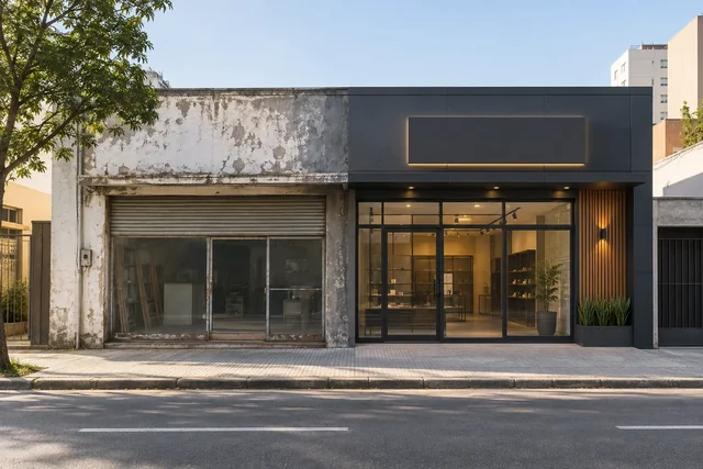 Comparação ilustrativa entre uma fachada comercial desgastada e uma fachada renovada
