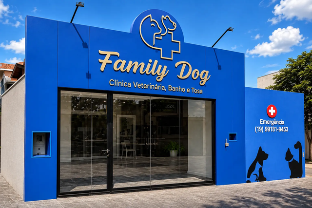 Fachada azul da clínica veterinária Family Dog